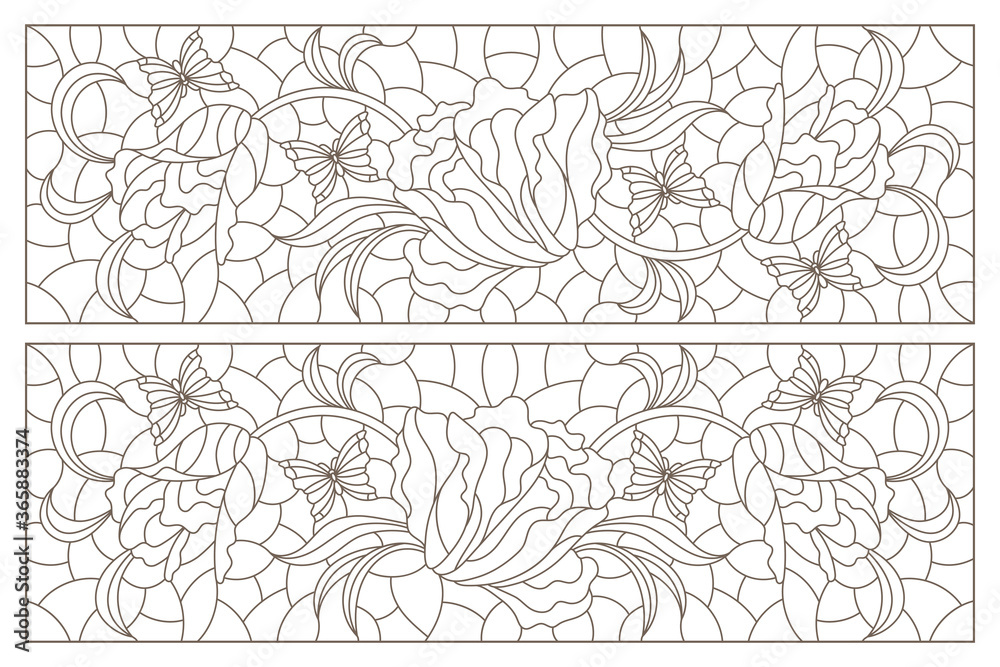 Set of contour illustrations of stained glass Windows with intertwined tulips, dark outlines on a white background Set of contour illustrations of stained glass Windows with intertwined tulips, dark outlines on a white background