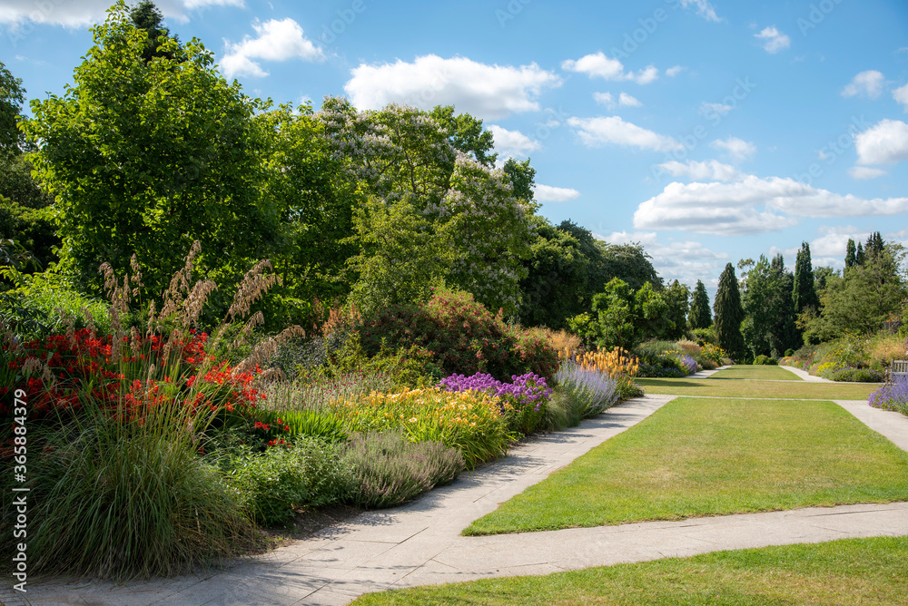 Hampshire, England, UK,. 2020.   Herbacous border of mixed flowering plants in an English country garden.