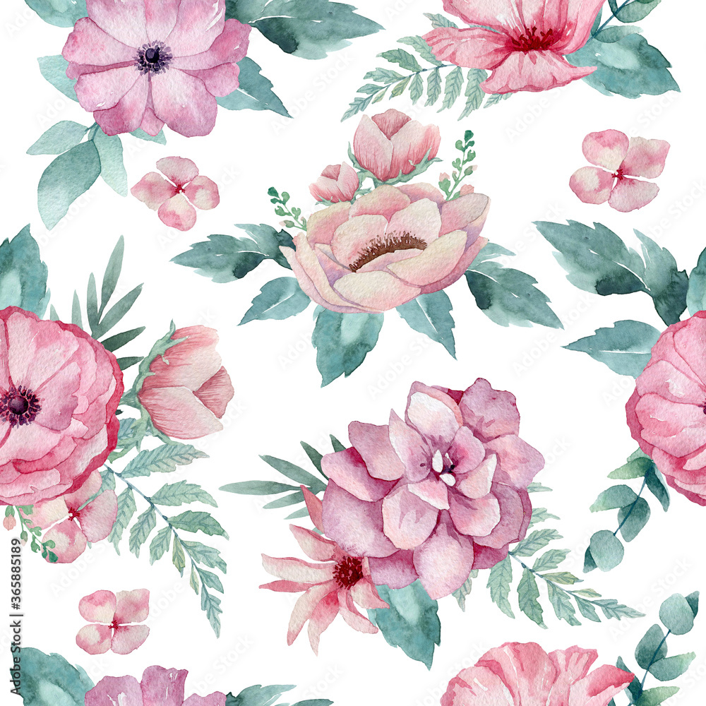 Watercolor seamless texture with bouquets of pink anemones and palm leaves. Romantic texture with pink flowers and blue leaves. Bouquet with blue palm leaves. Watercolor seamless texture with bouquets of pink anemones and palm leaves. Romantic texture with pink flowers and blue leaves. Bouquet with blue palm leaves.