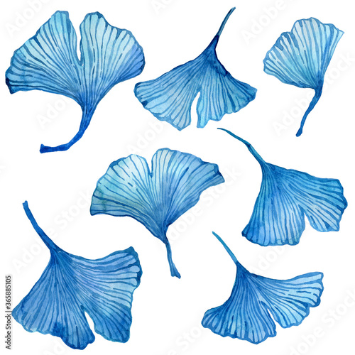 Blue watercolor leaves on a white background.