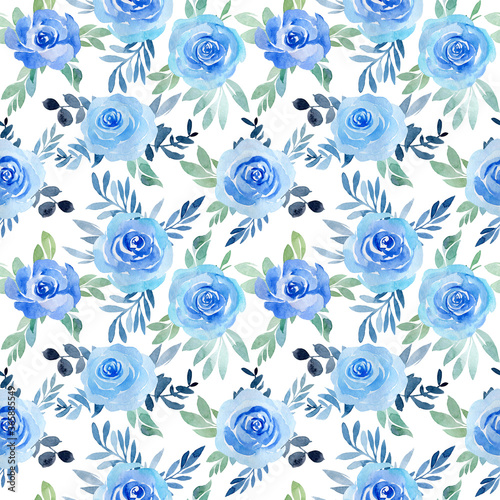 seamless watercolor texture with bouquets of blue roses, eucalyptus leaves on a white background.