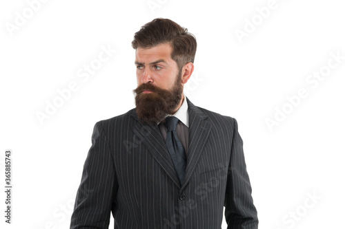 Express your individuality. Fashion boutique. Successful man in suit. Timeless suit. Business man wear suit. Serious bearded man. Boss or director. Handsome hipster white background. Menswear concept