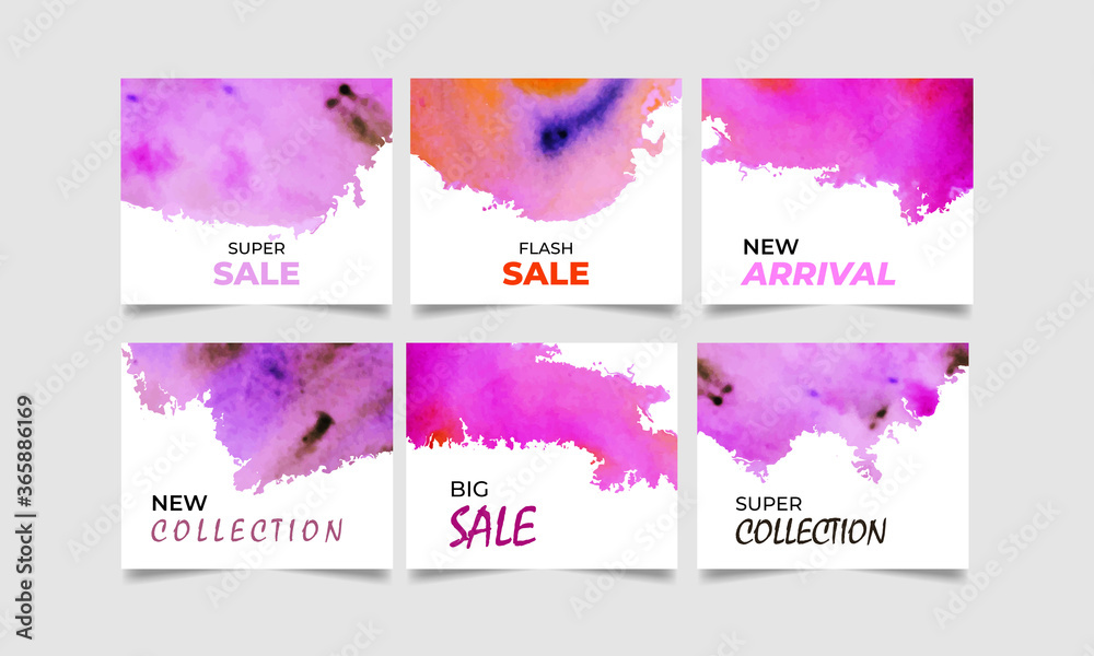 Vector set of 06 slides modern luxurious bright watercolor social media template design in white background. Great for new arrival super mega flash sale social promotional web banner surface project.