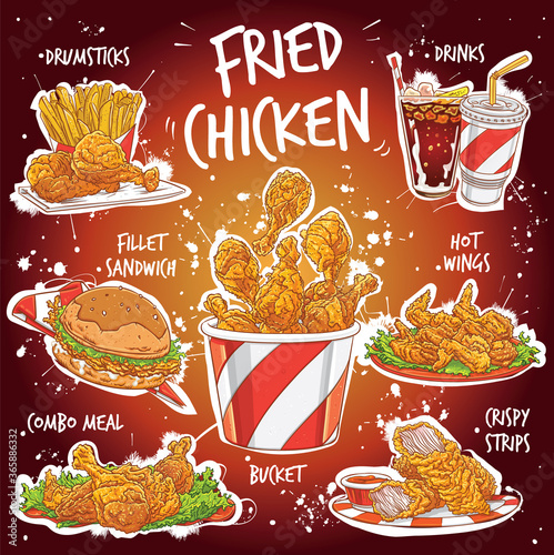Hand drawn vector set of fried chicken varieties.