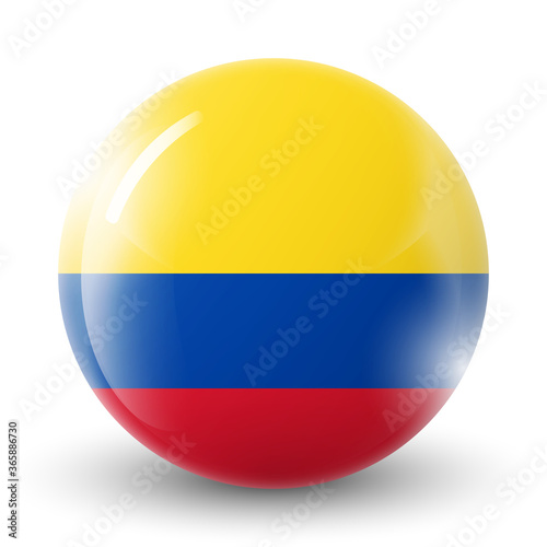 Glass light ball with flag of Colombia. Round sphere, template icon. Colombian national symbol. Glossy realistic ball, 3D abstract vector illustration highlighted on a white background. Big bubble.