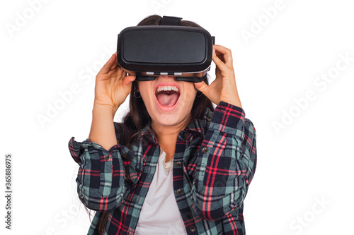 woman playing with VR-headset glasses.