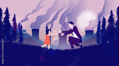 Pollution and future generations - Little girl running into her fathers arms. Polluting industry and factories in background. Global warming, environmental impact and destruction concept. Vector.