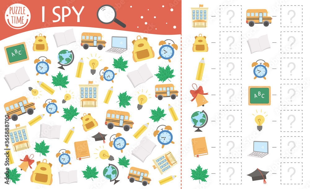 Back to school I spy game for kids. Searching and counting activity for preschool children with cute school objects. Funny autumn printable worksheet for kids. Simple lesson spotting puzzle.. Back to school I spy game for kids. Searching and counting activity for preschool children with cute school objects. Funny autumn printable worksheet for kids. Simple lesson spotting puzzle..