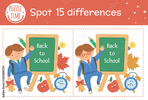 Back to school find differences game for children. Educational activity with schoolboy standing next to chalkboard and kawaii school objects. Printable worksheet with cute funny smiling characters. .