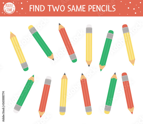 Find two same pencils. Back to school matching activity for children. Funny educational activity for kids. Autumn logical quiz worksheet. Simple printable game for kids.