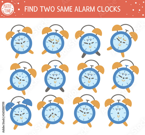 Find two same alarm clocks. Back to school matching activity for children. Funny educational activity for kids. Autumn logical quiz worksheet. Simple printable game for kids.