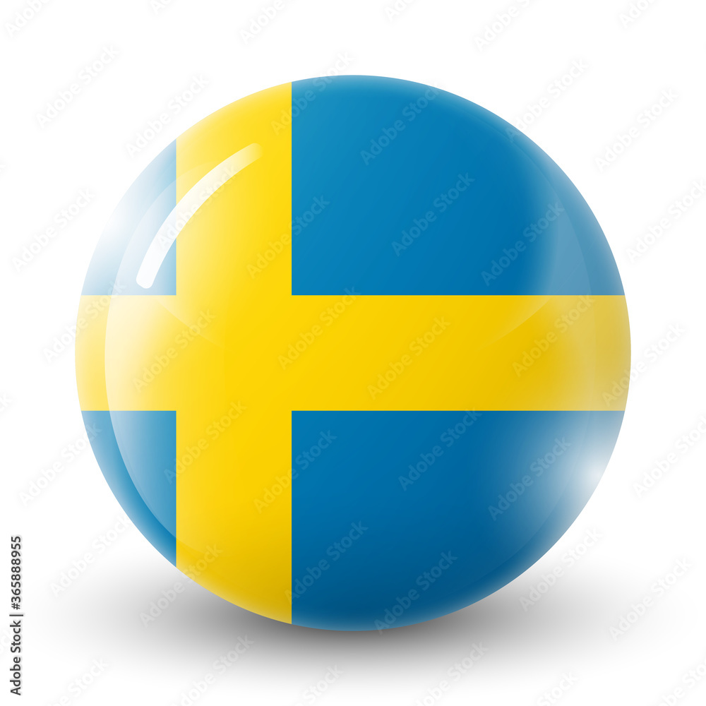 Glass light ball with flag of Sweden. Round sphere, template icon. Swedish national symbol. Glossy realistic ball, 3D abstract vector illustration highlighted on a white background. Big bubble. Glass light ball with flag of Sweden. Round sphere, template icon. Swedish national symbol. Glossy realistic ball, 3D abstract vector illustration highlighted on a white background. Big bubble.