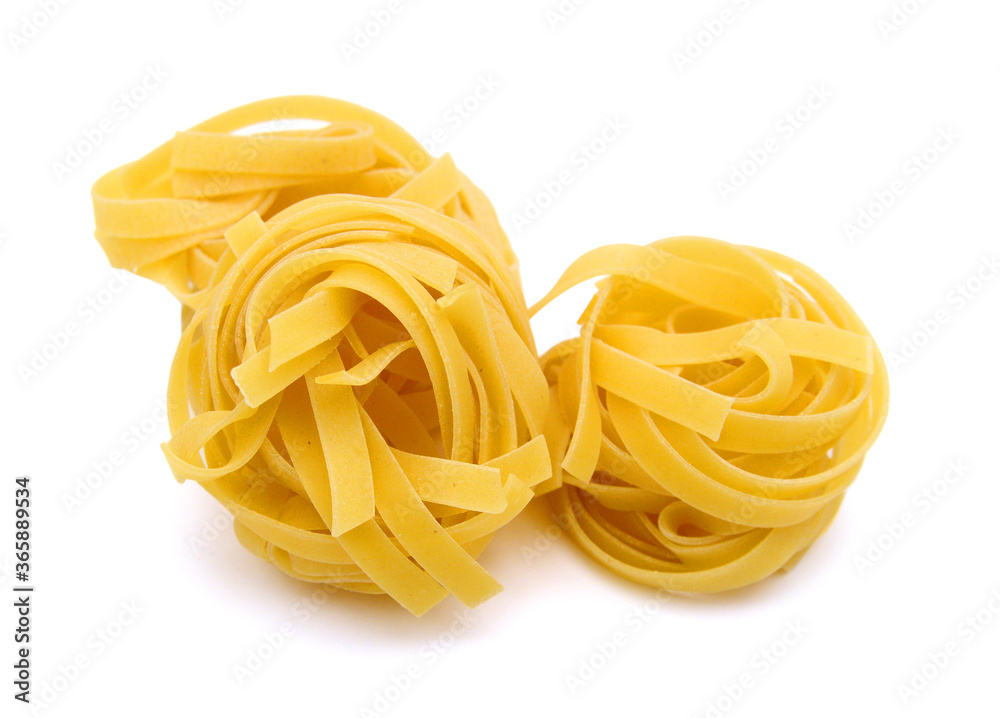 Egg noodles on a white background