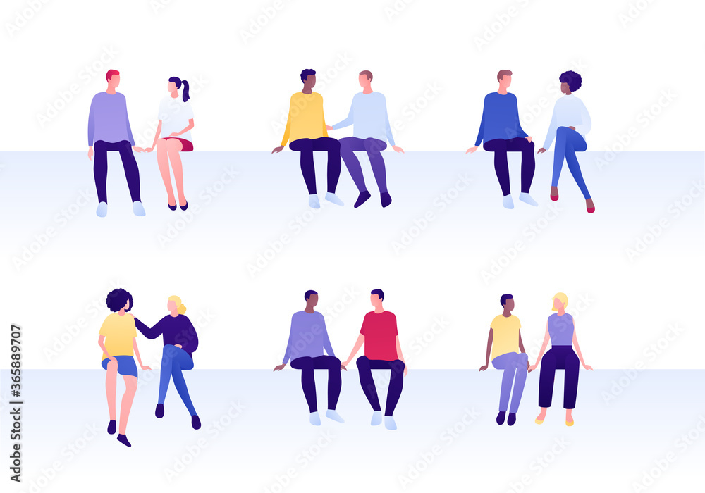 Love relationship, lgbt romantic date and friendship concept. Vector flat person illustration set. Multiethnic characters. Different couples of man and woman sitting. Design for banner, card.
