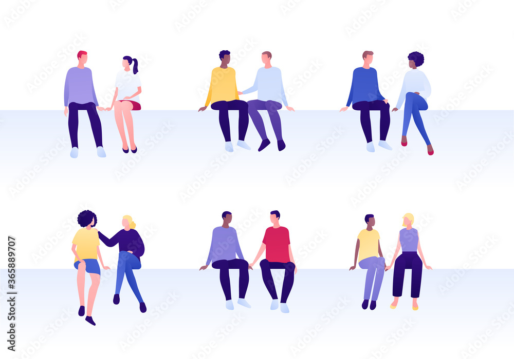 Love relationship, lgbt romantic date and friendship concept. Vector flat person illustration set. Multiethnic characters. Different couples of man and woman sitting. Design for banner, card. Love relationship, lgbt romantic date and friendship concept. Vector flat person illustration set. Multiethnic characters. Different couples of man and woman sitting. Design for banner, card.