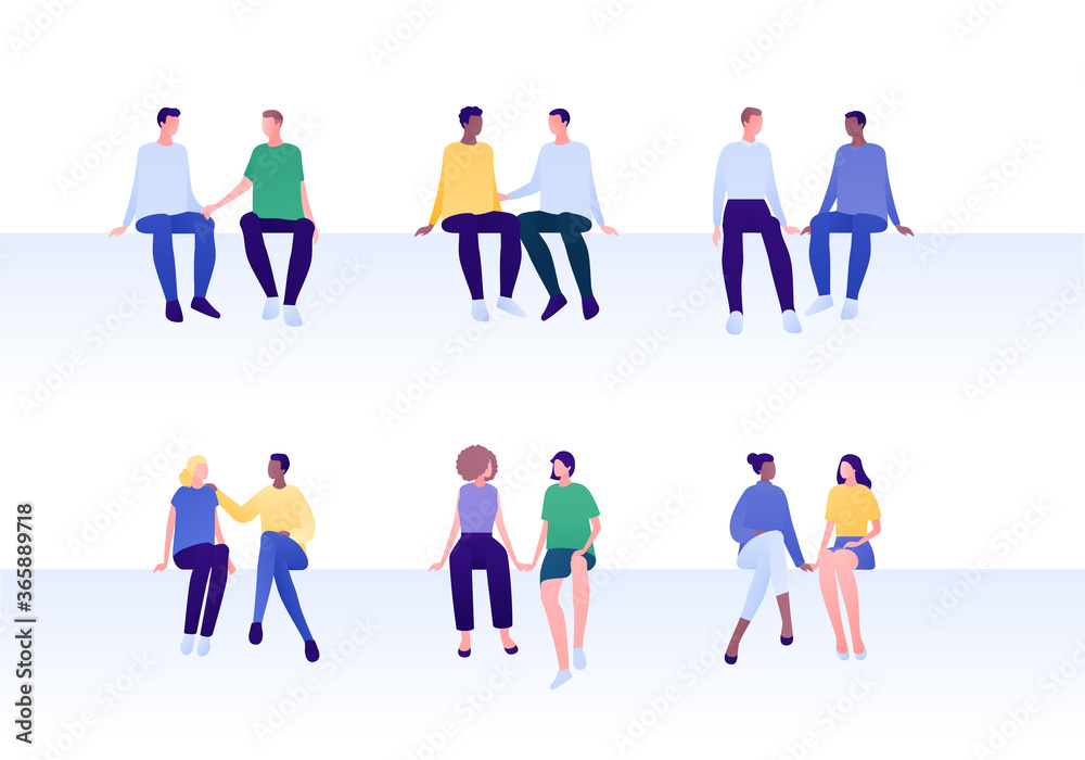 Love relationship, lgbt romantic date and friendship concept. Vector flat people illustration set. Mixed ethnic characters. Different couples of man and woman sitting. Design for banner, card. Love relationship, lgbt romantic date and friendship concept. Vector flat people illustration set. Mixed ethnic characters. Different couples of man and woman sitting. Design for banner, card.