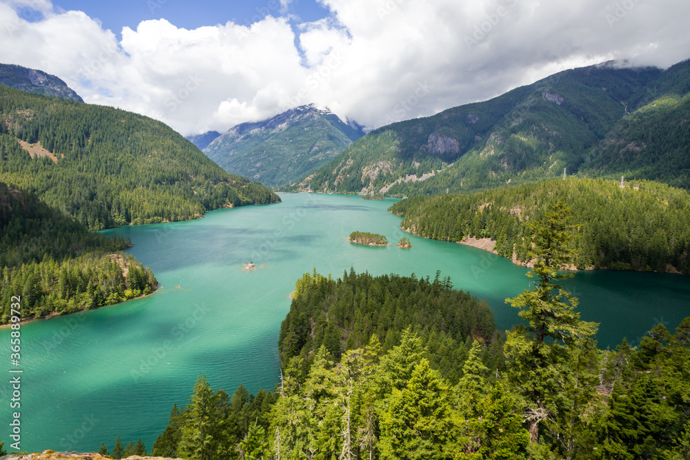 Diablo lake in the North Cascades National park, Washington, USA. View from above in summer day
