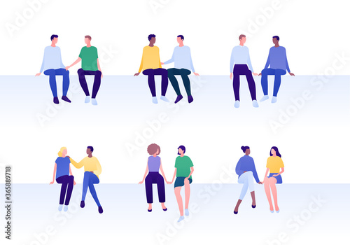 Love relationship, lgbt romantic date and friendship concept. Vector flat people illustration set. Mixed ethnic characters. Different couples of man and woman sitting. Design for banner, card.