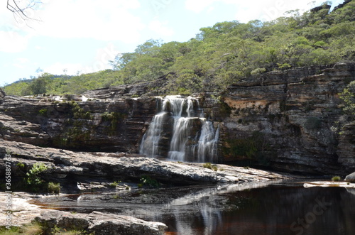 Waterfall in Rio Preto State Park in Minas Gerais at Cachoeira da Semper-Viva (translate to Always-Alive Waterfall, with is the popular name of Actinocephalus polyanthus)