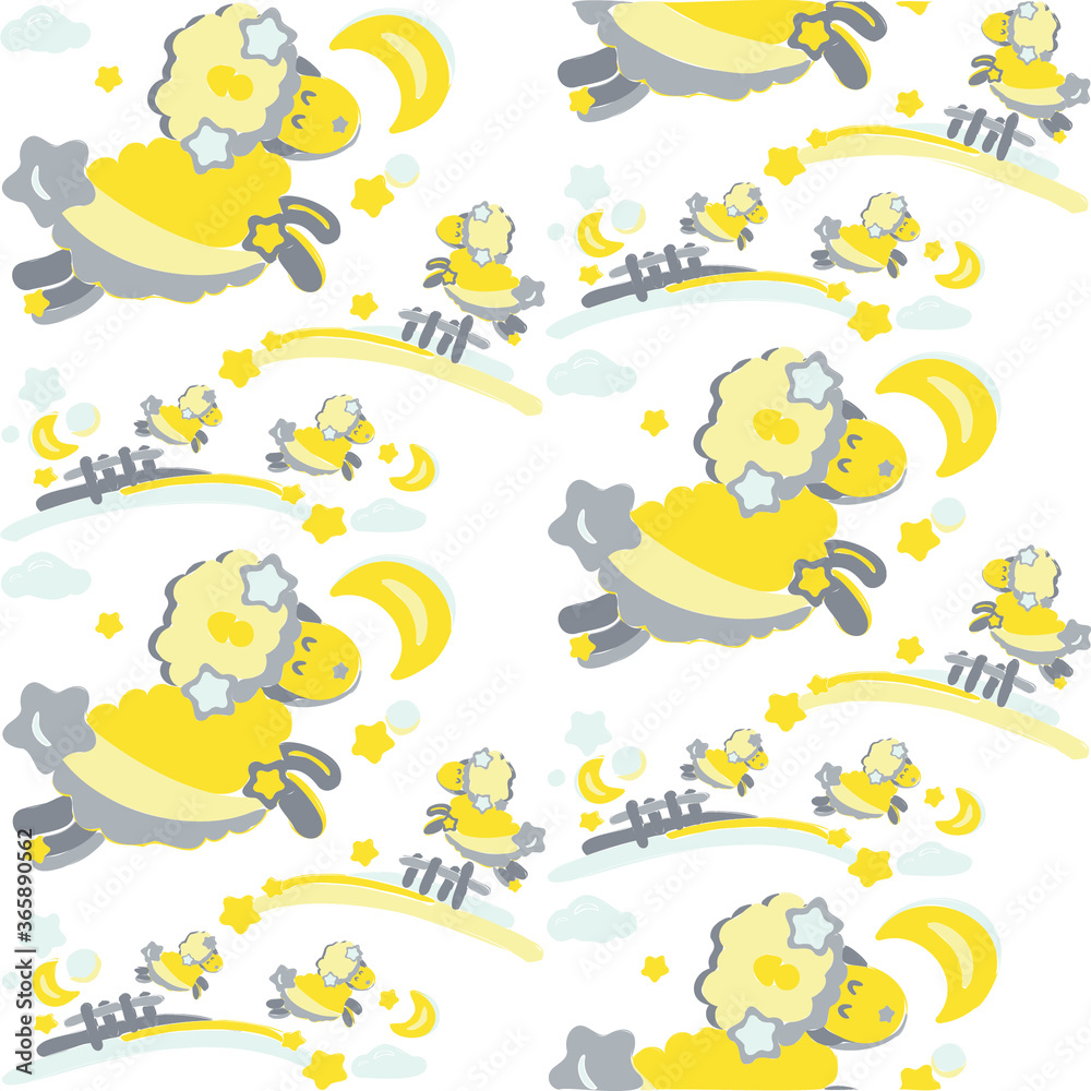 Naklejka premium Seamless cute pattern for kids with yellow sheep jumping over fence in the sky with moon