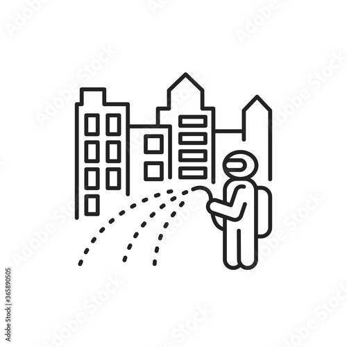 Town disinfection black line icon. Cleaning service. Worker in protective suit with disinfector sprayer. Pictogram for web, mobile app, promo. UI UX design element