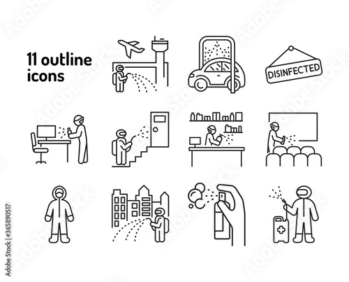 Mass disinfection black line icon. Cleaning service. Worker in protective suit with disinfector sprayer. Pictograms for web, mobile app, promo. UI UX design element
