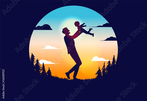 Father and son silhouette vector illustration. Man lifting up kid with sky, clouds and forest in background. Parenting concept.