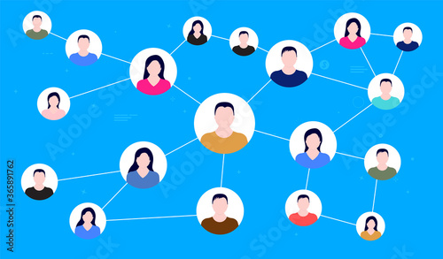 Social network connections - People avatars connected with lines on blue background. Business connection, social media and technology concept. Vector illustration.