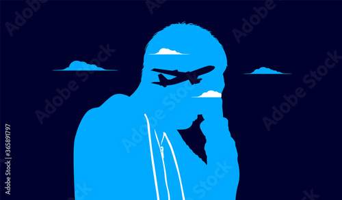 Fear of flying - Silhouette of male person with flying anxiety, and airplane with sky. Vector illustration. 