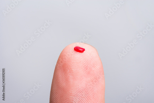Blood drop on fingertip prepare for checking the glucose level with a glucometer for examining diabetes mellitus. photo
