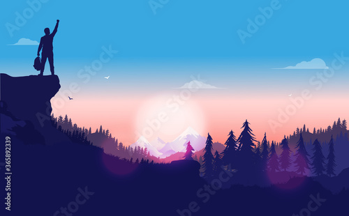 Self esteem illustration. Man in landscape standing on peak, with hand raised to the sky. Winning, winner and personal success concept. Vector.