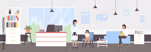 Pediatrician doctor examination vector illustration. Cartoon pediatric specialist character examining girl kid patient in medical hospital office. Medicine healthcare, child prevention exam background