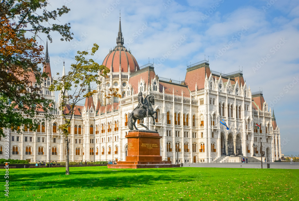 The equestrian horse and rider statue of the Hungarian nobleman and leader Francis II Rakoczi, in front of the Parliament building in Budapest Hungary