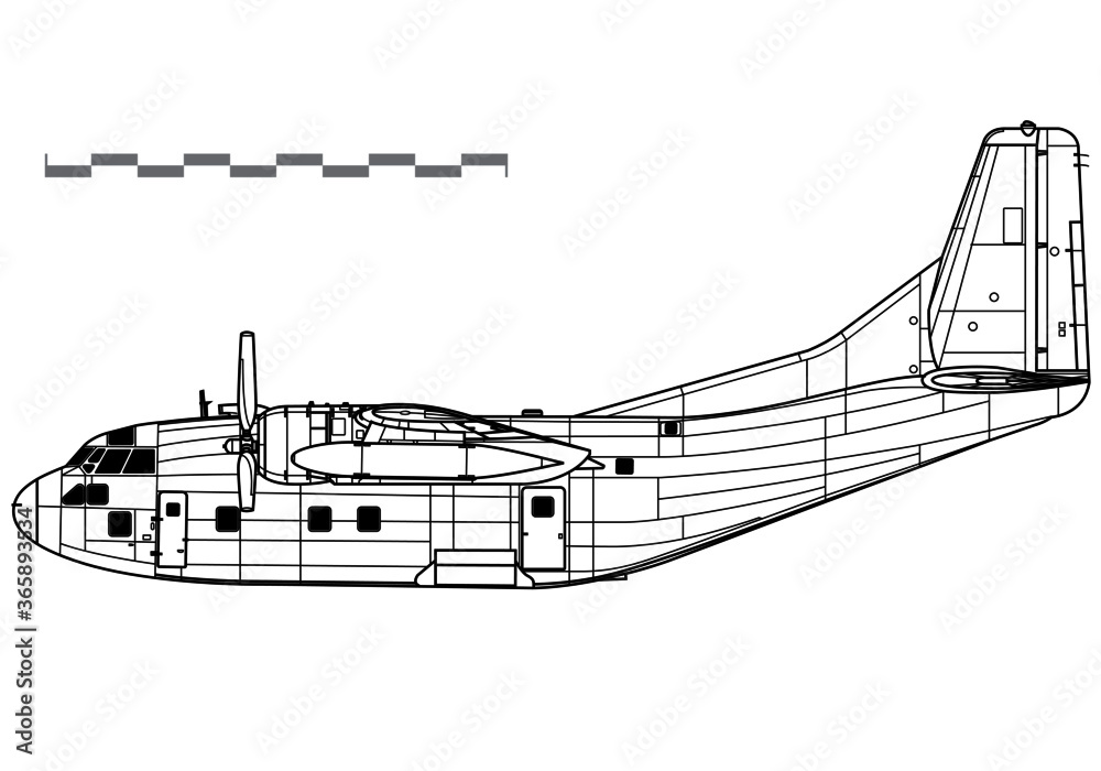 Fairchild C-123 Provider. Vector drawing of military transport aircraft. Side view. Image for illustration and infographics.