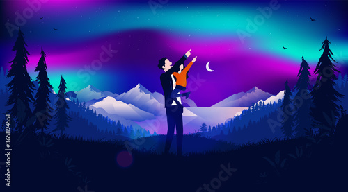 Parent and child watching the northern light, pointing and smiling. Beautiful magic landscape with fjords and ocean in background. Aurora borealis concept. Vector illustration.