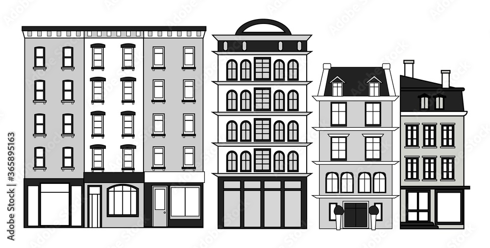A set of old town houses. Black and white vector illustration.