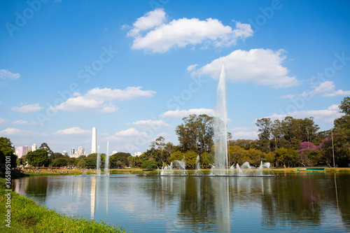 View of Ibirapuera Park with Sao Paulo fountain and obelisk in the background