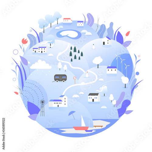 Winter Earth planet vector illustration. Cartoon flat blue globe with nature, rural countryside farmland landscape in wintertime, save earth planet ecology concept, eco Earth Day isolated on white