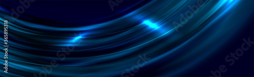Dark blue glossy glowing waves abstract background. Shiny wavy vector banner design