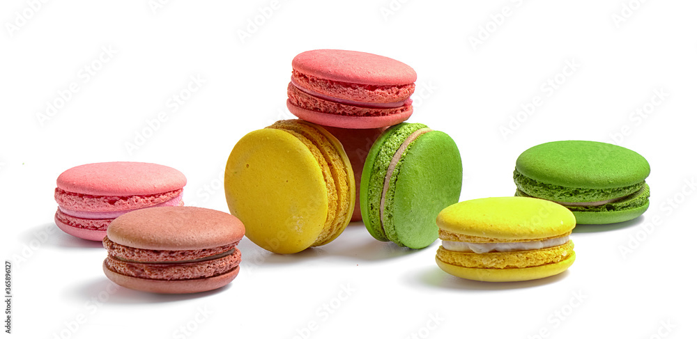 multicolored macaroons confectionery on a white background multicolored macaroons confectionery on a white background