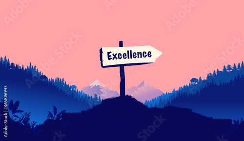 Excellence sign in nature pointing the way to become excellent. Forest,  mountain and landscape in background. Vector illustration.