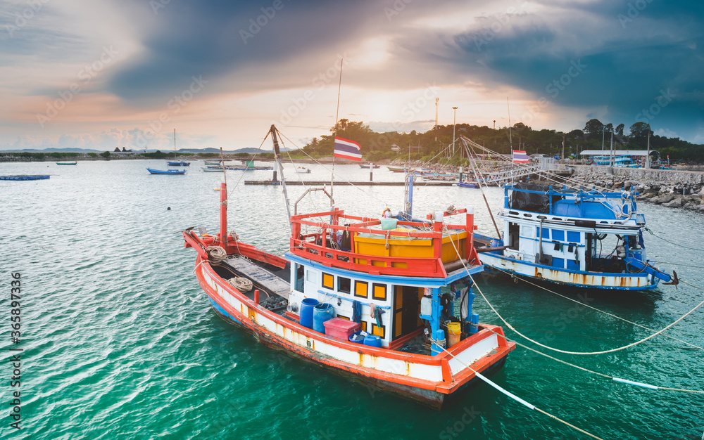 Fishery wooden boats in the sea.