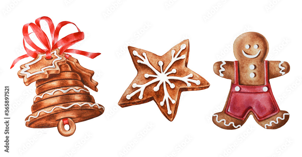 Christmas gingerbread watercolor illustration. Gingerbread star, gingerbread man, gingerbread bell. Hand drawn.
