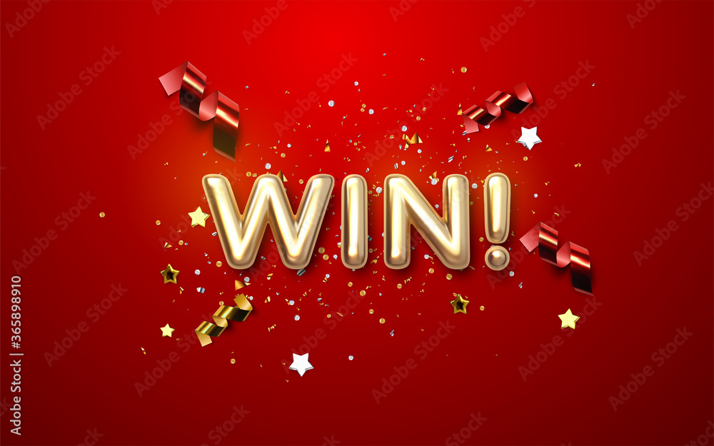 Φωτογραφία Golden WIN sign on red background with sparkling confetti, ribbons and stars