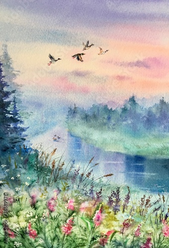 Watercolor flying ducks over the lake. Colorful nature background. Summer sunset landscape. Design element. 