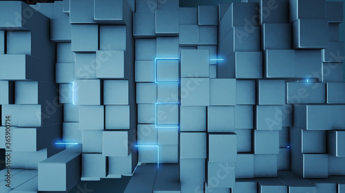 Background of blue cubes and glare motion light, 3d rendering