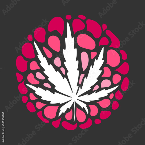 Vector illustration of cannabis leaf on bright pink cloud