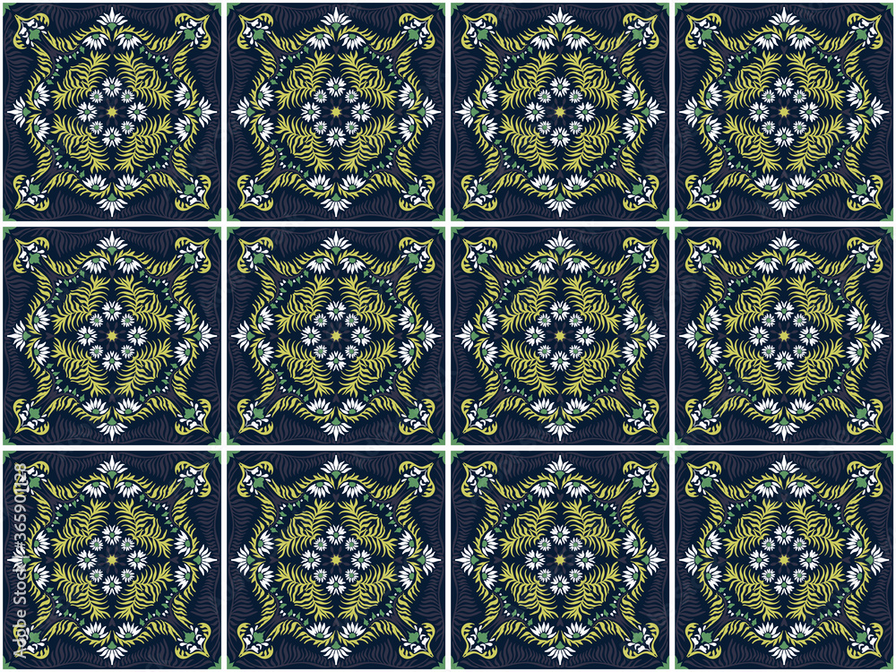 Bandana print. Women's shawl with floral pattern. Mediterranean wallpaper. Portuguese tile azulejo. Turkish ornament. Spanish porcelain. Ceramic dishes. 