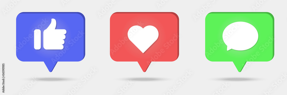 Set of social colorful media icons, like, heart and message with shadows for UI design. Eps 10 vector Set of social colorful media icons, like, heart and message with shadows for UI design. Eps 10 vector
