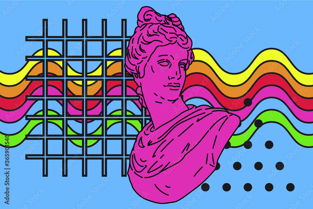 Hippie psychedelic 70s style art collage with rainbow and gypsum sculpture. Surreal trendy Zine culture style vector illustration.